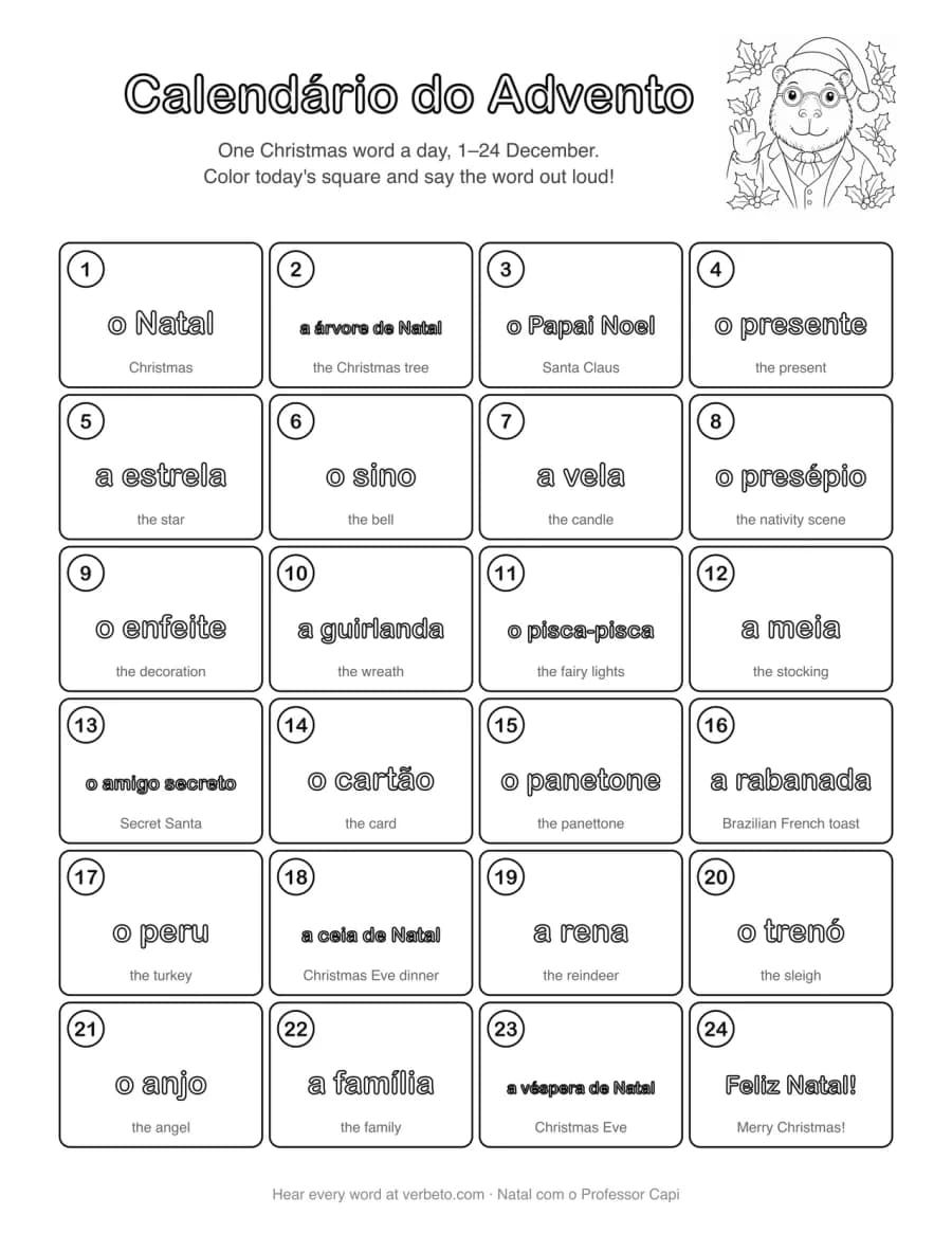 Advent calendar: One Christmas word a day, 1 to 24 December, a square to color each day, a page to print