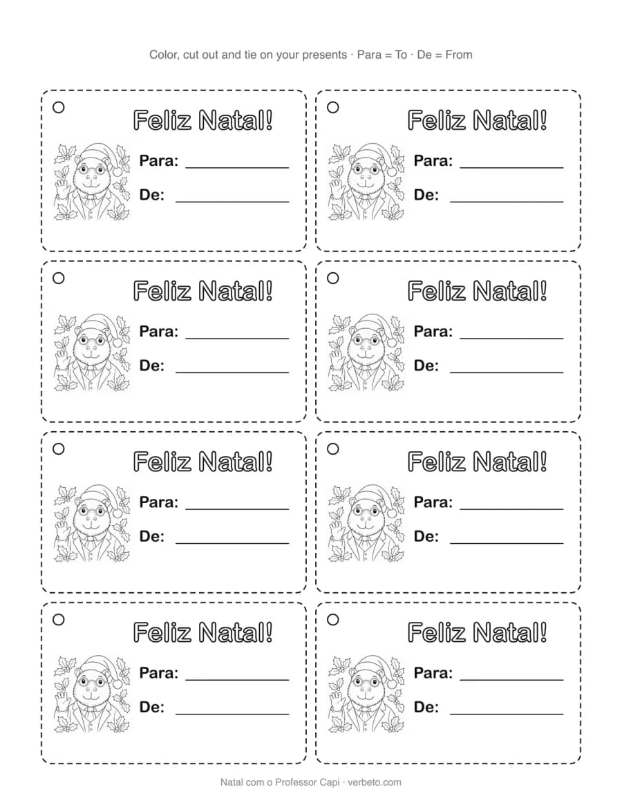 Gift tags: Eight tags to color, cut out and tie on: Para (to) and De (from), a page to print