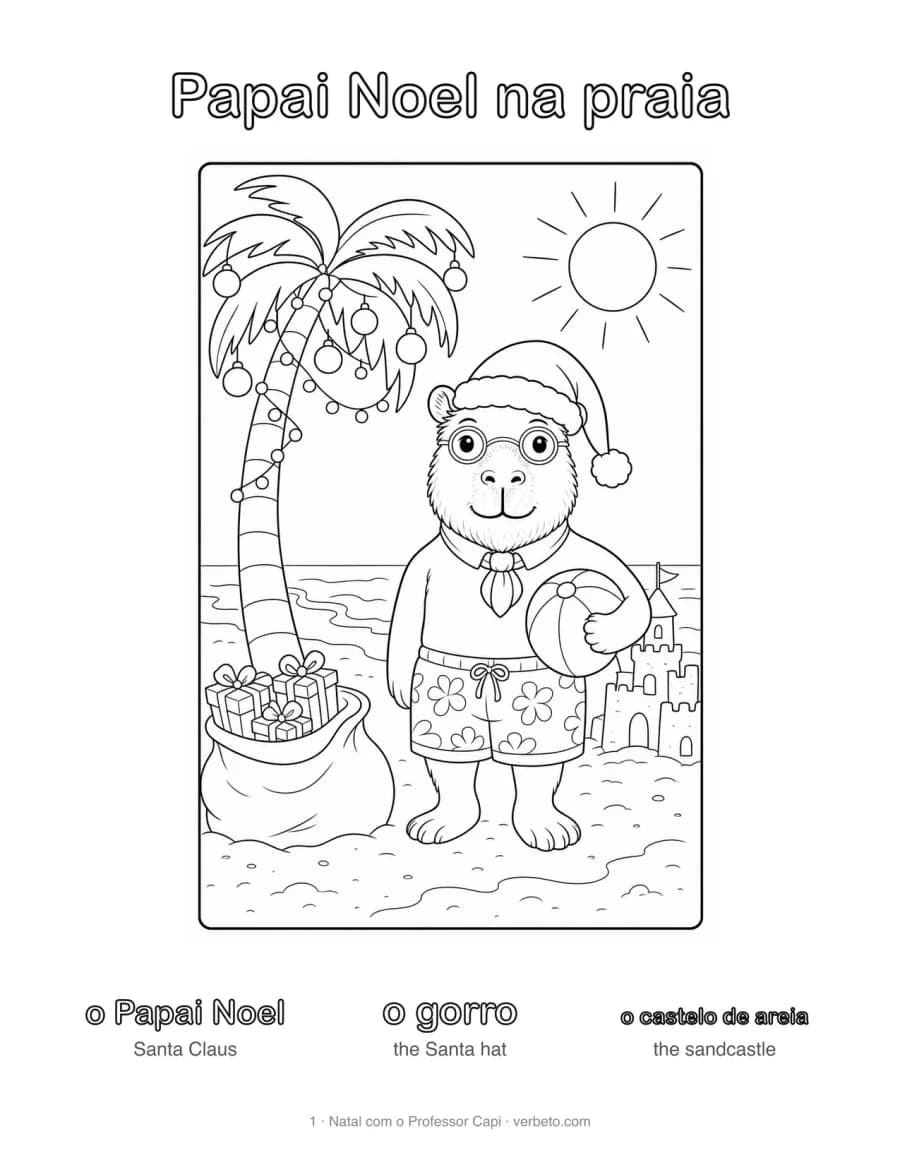 Papai Noel na praia: Santa on the beach, a page to print