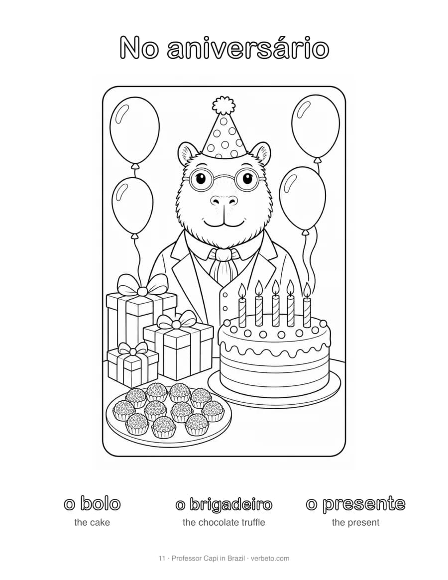 Coloring page, No aniversário (at the birthday party): Professor Capi with o bolo, o brigadeiro, o presente