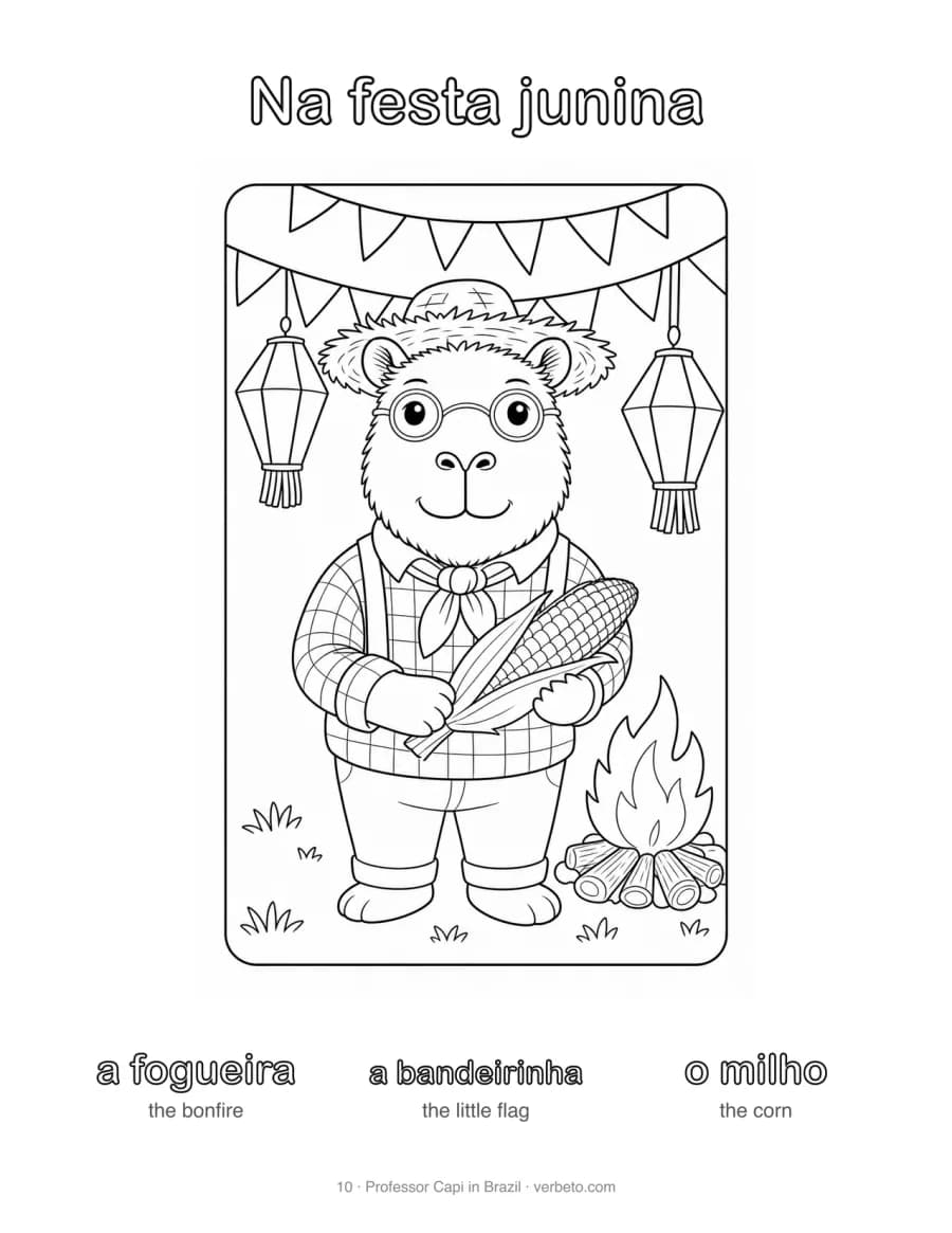 Coloring page, Na festa junina (at the June festival): Professor Capi with a fogueira, a bandeirinha, o milho
