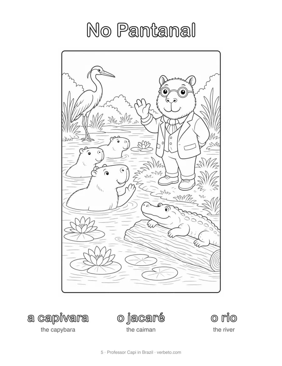 Coloring page, No Pantanal (at the Pantanal): Professor Capi with a capivara, o jacaré, o rio