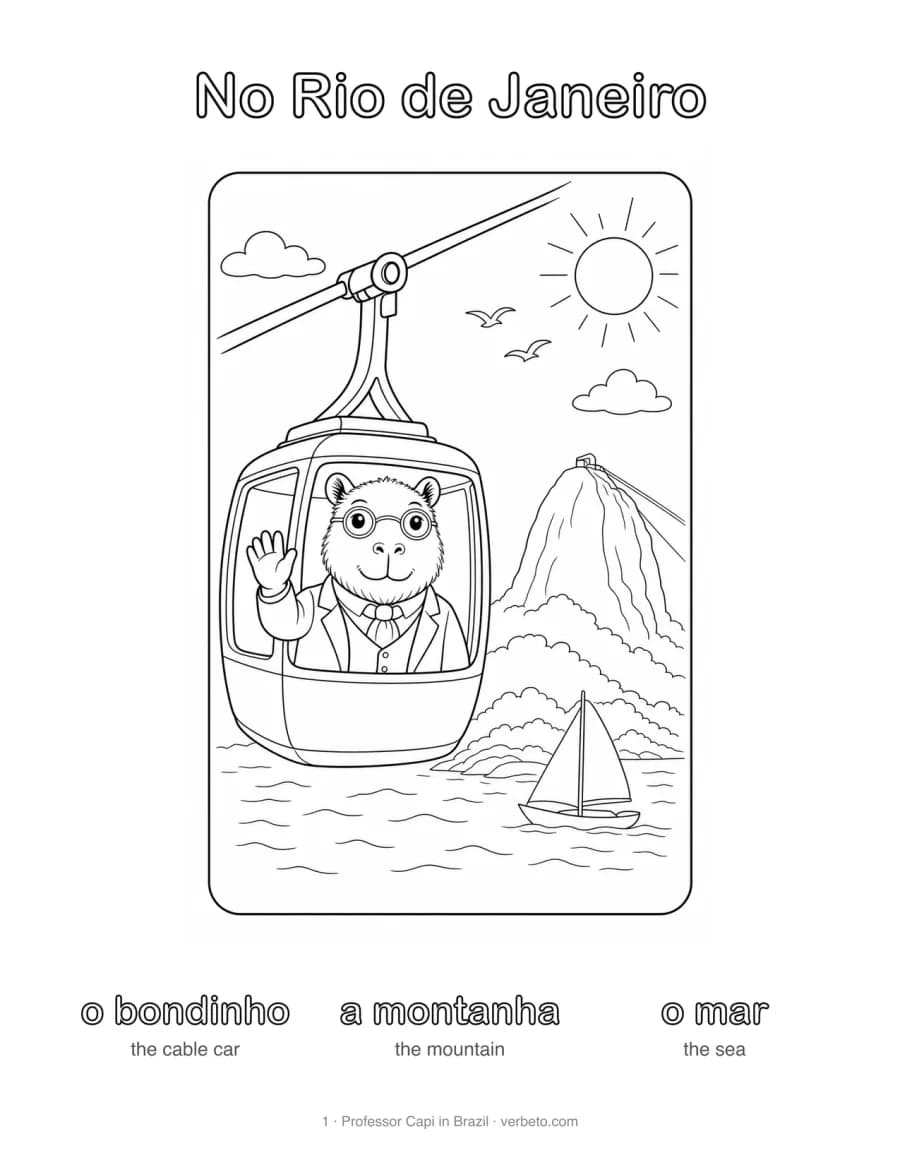 Coloring page, No Rio de Janeiro (in Rio de Janeiro): Professor Capi with o bondinho, a montanha, o mar