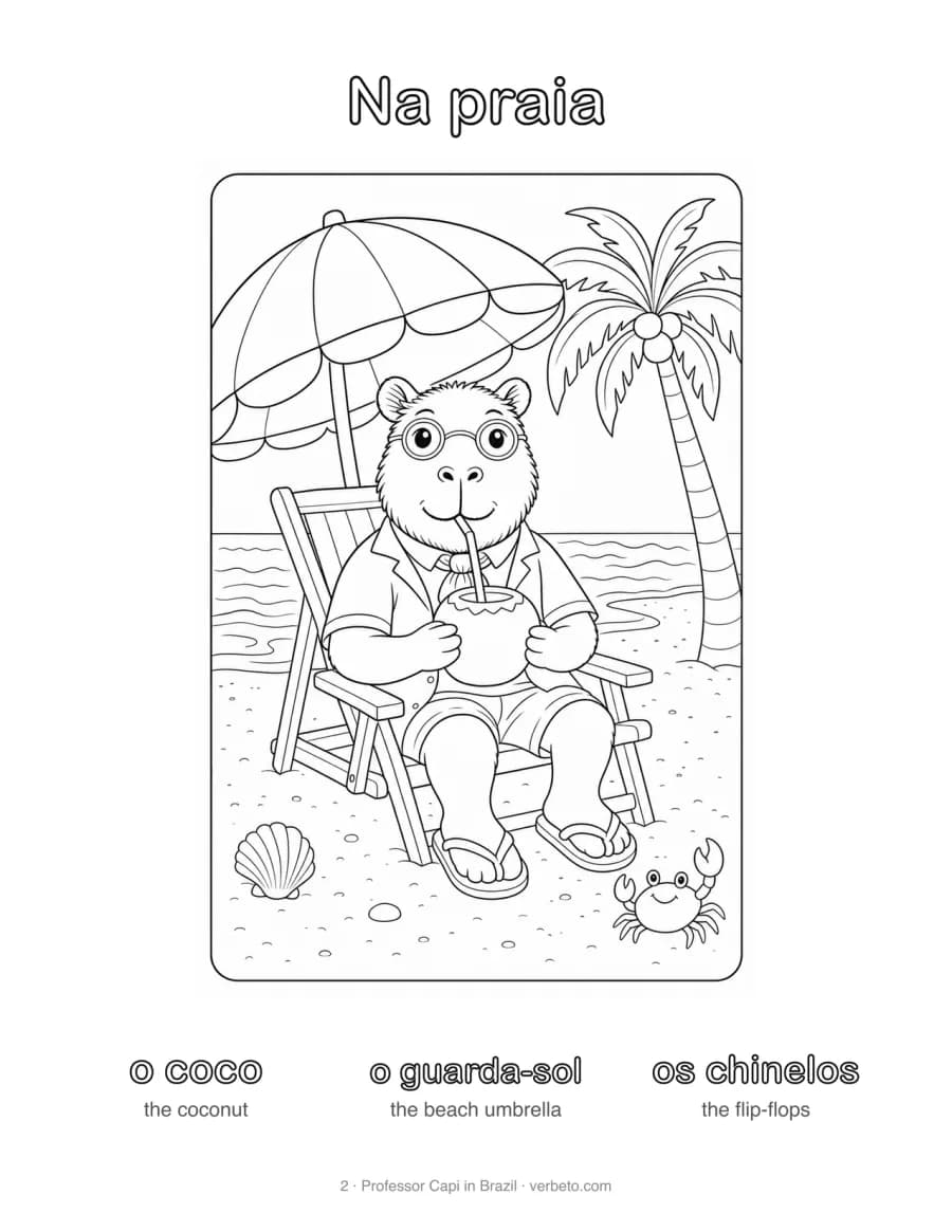 Coloring page, Na praia (at the beach): Professor Capi with o coco, o guarda-sol, os chinelos