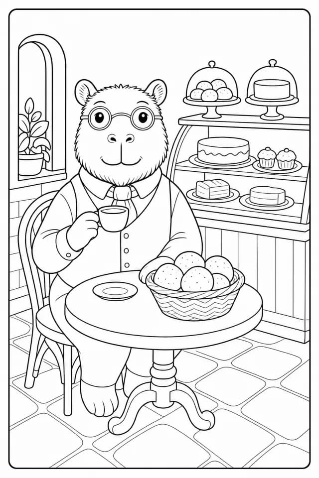 Professor Capi, a capybara in glasses, with a cafezinho and a basket of pão de queijo at a bakery