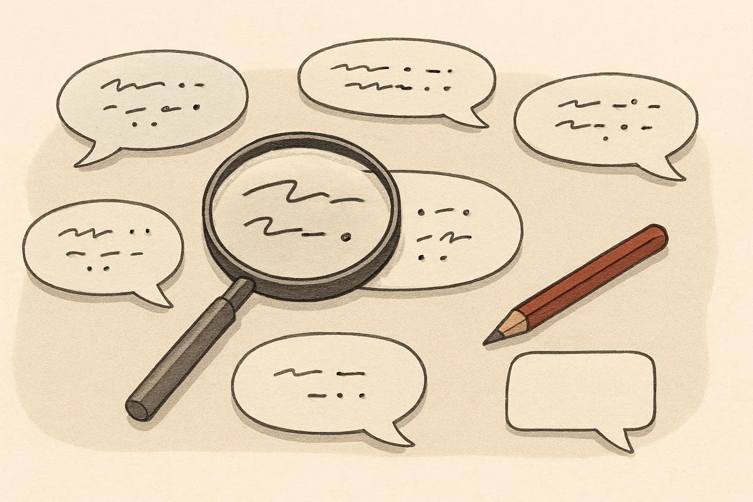 Magnifying glass over blank chat-bubble slips with a red pencil nearby, suggesting cautious slang decoding