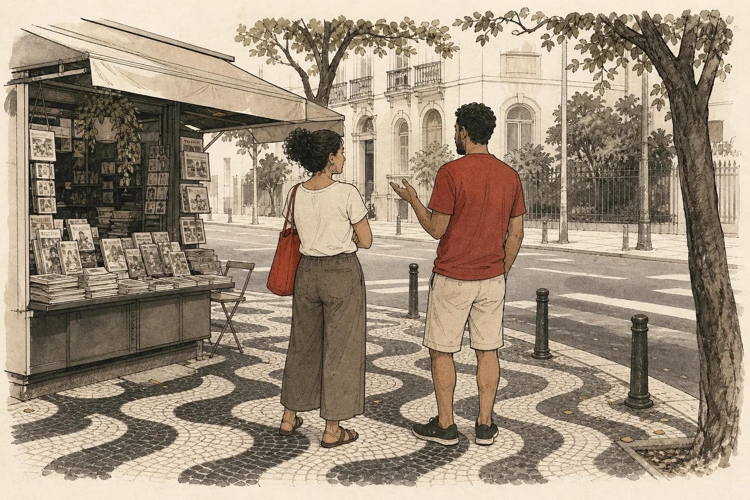 Two people talking beside a newsstand on a Brazilian wave-patterned pavement