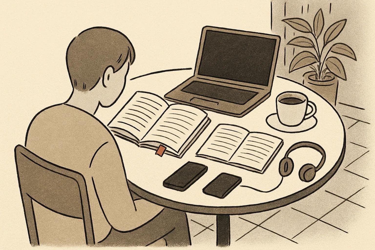 Learner reading at a café table with a book, notebook, laptop, phone, headphones and coffee