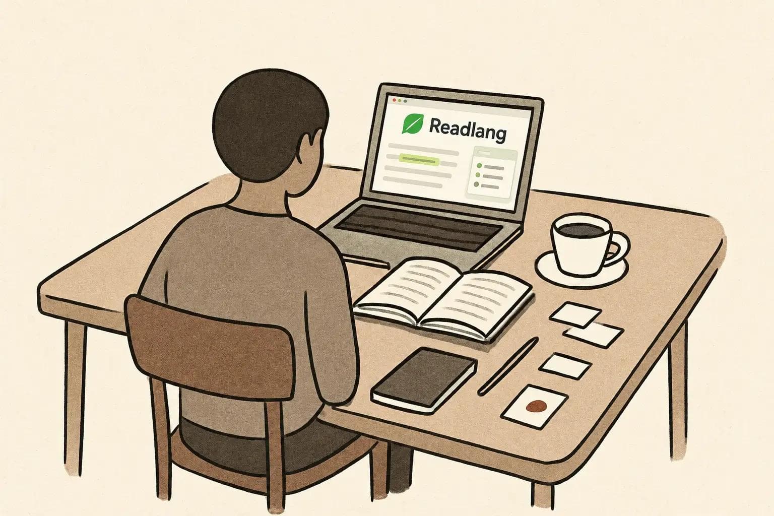 Learner at a café table reading on a laptop with a book, notebook, pencil and coffee cup nearby