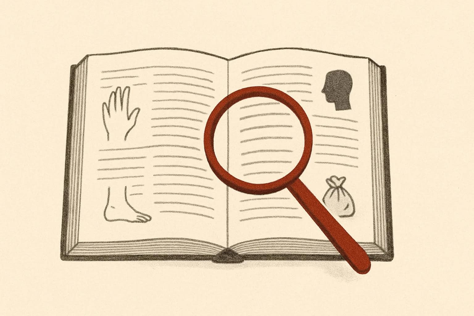 Open dictionary with small drawings of a hand, foot, head, sack, and a red magnifying glass