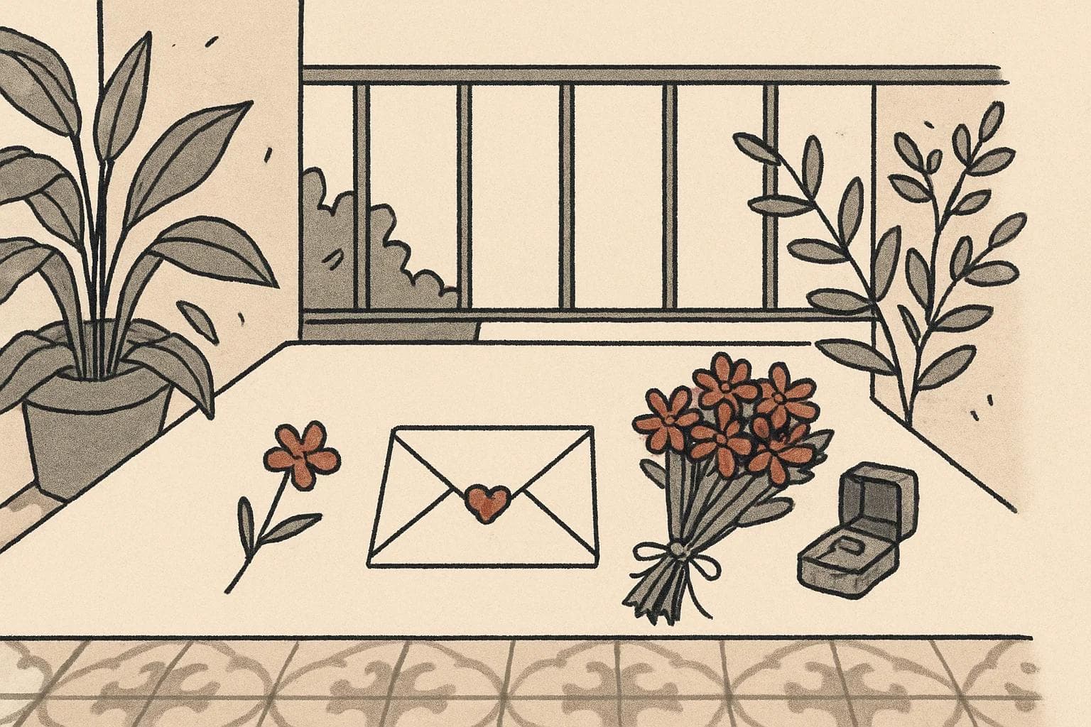 Three romantic tokens on a tiled balcony, from a small flower to a bouquet and ring box