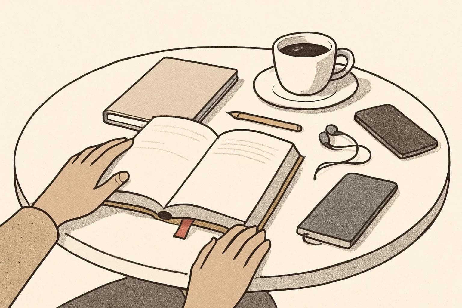 Café table with an open book, notebook, coffee, headphones, and a face-down phone for Portuguese study