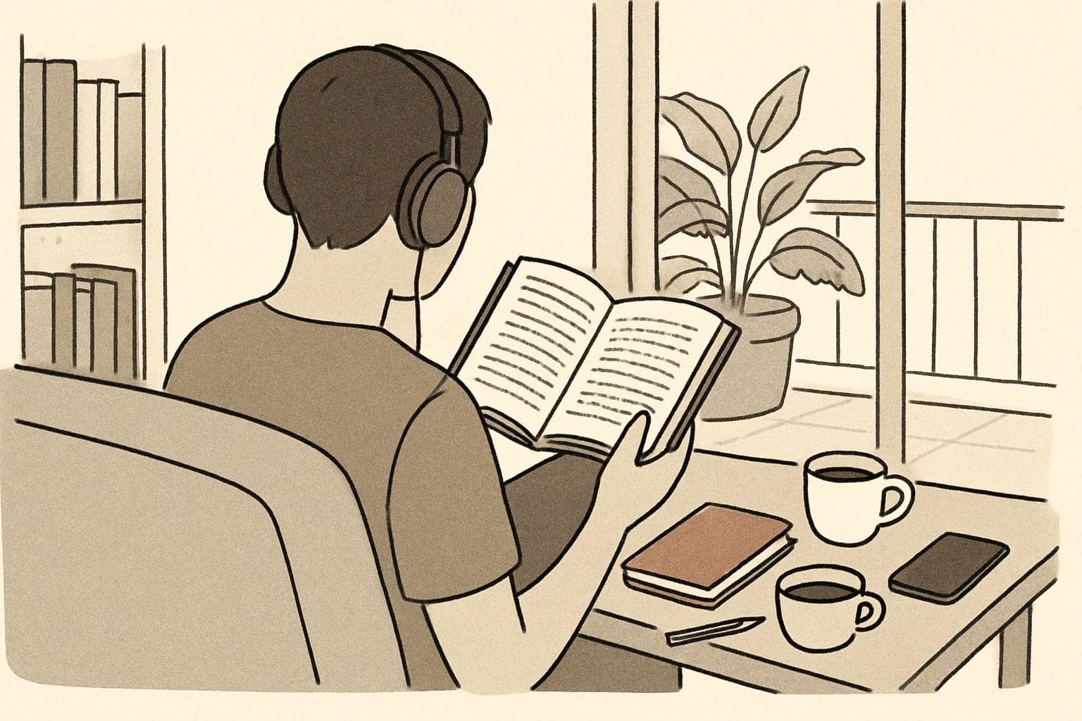 Person on a sofa reading a book with headphones beside coffee, notebook, and balcony plants
