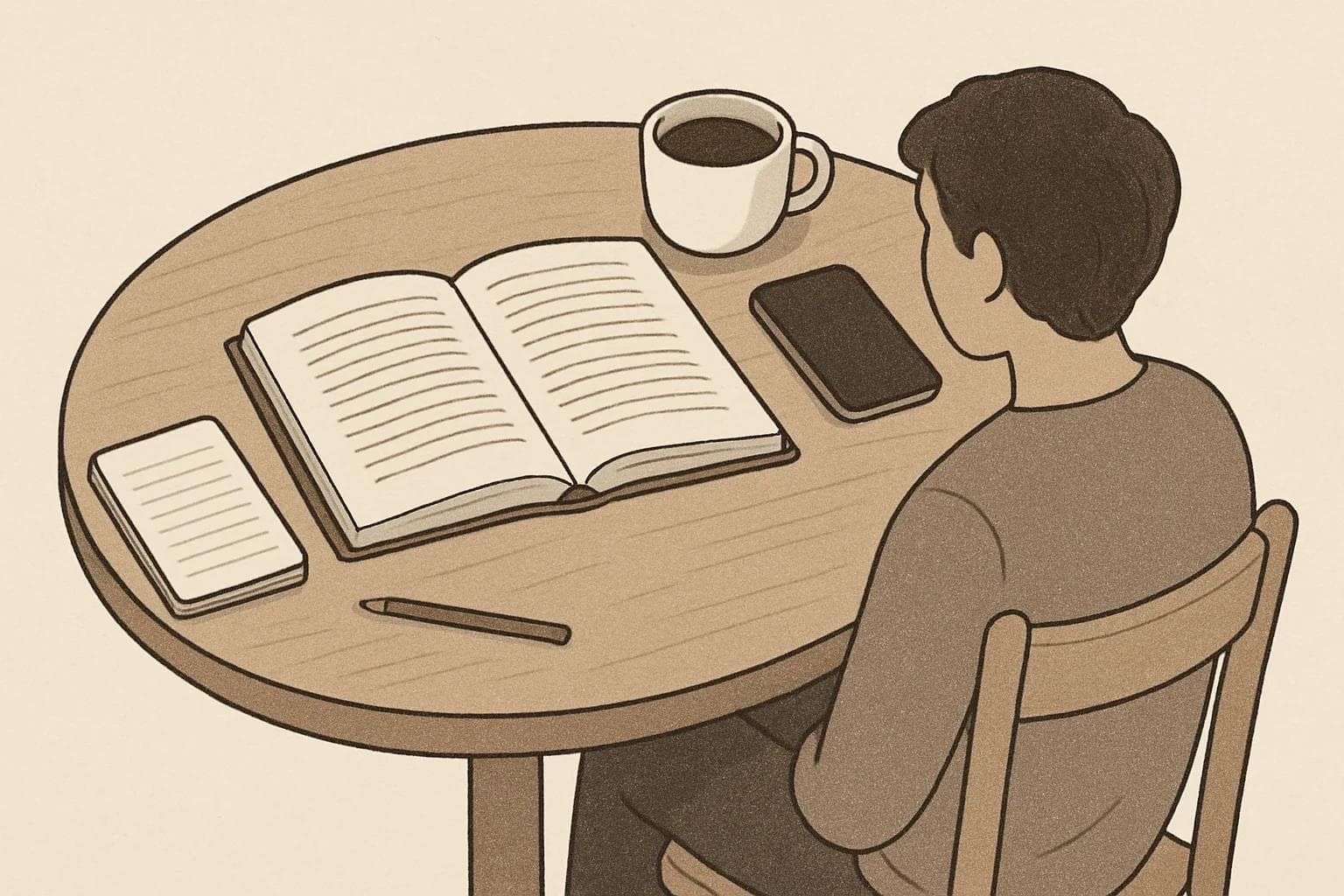 Open book, notebook, coffee and face-down phone on a café table beside a focused reader