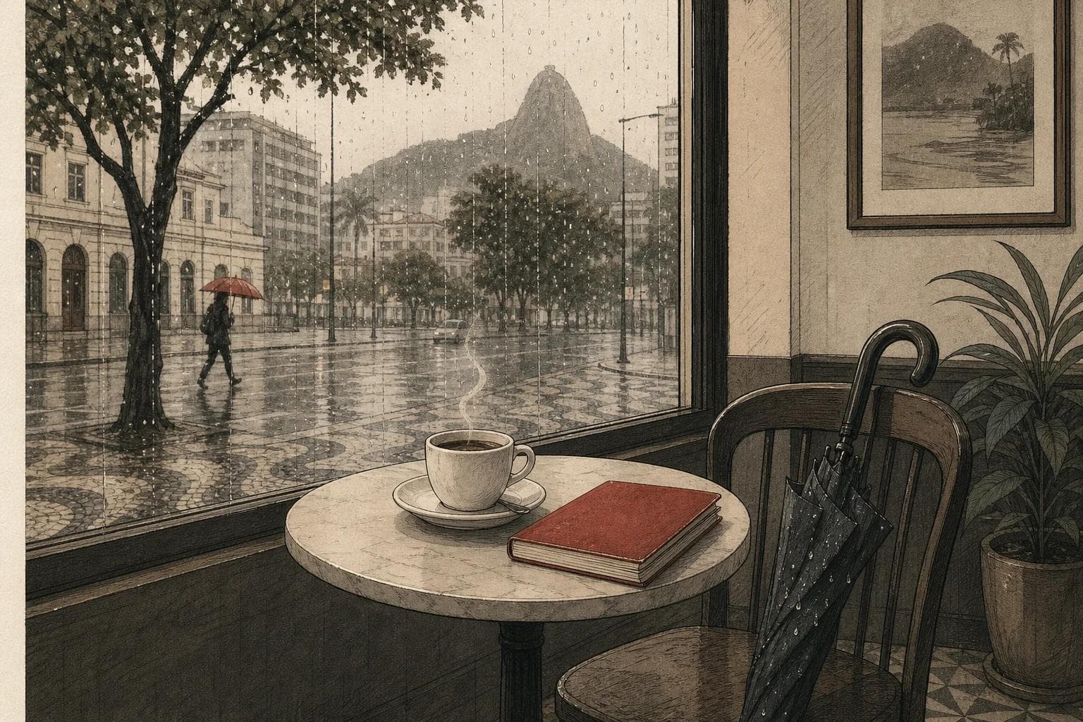A cup of coffee steaming on a café table by a rainy window, a wet umbrella leaning on the chair