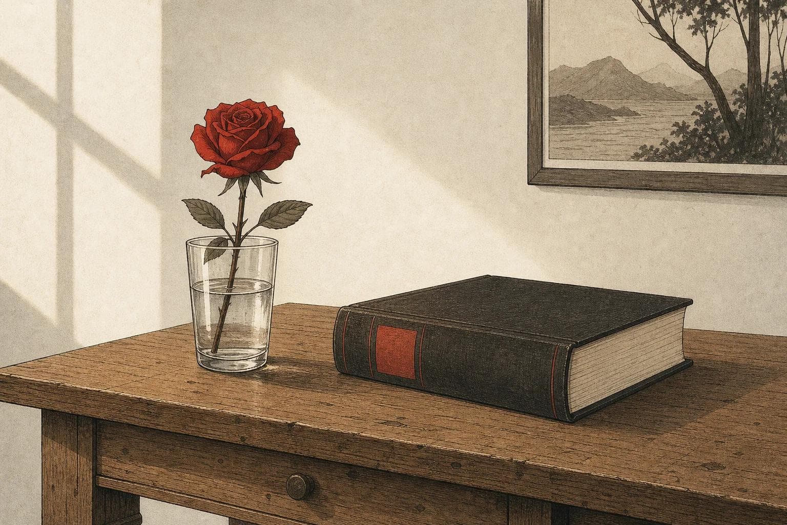 A red rose in a glass of water beside a thick closed dictionary on a wooden table