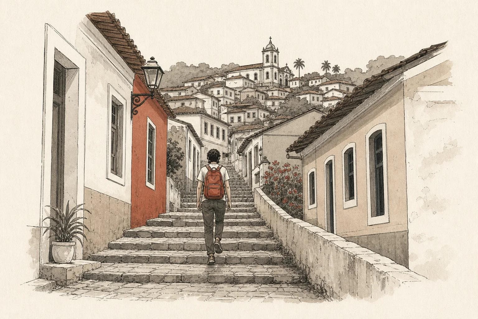 A person with a backpack climbing a stone staircase between old houses in a hillside town