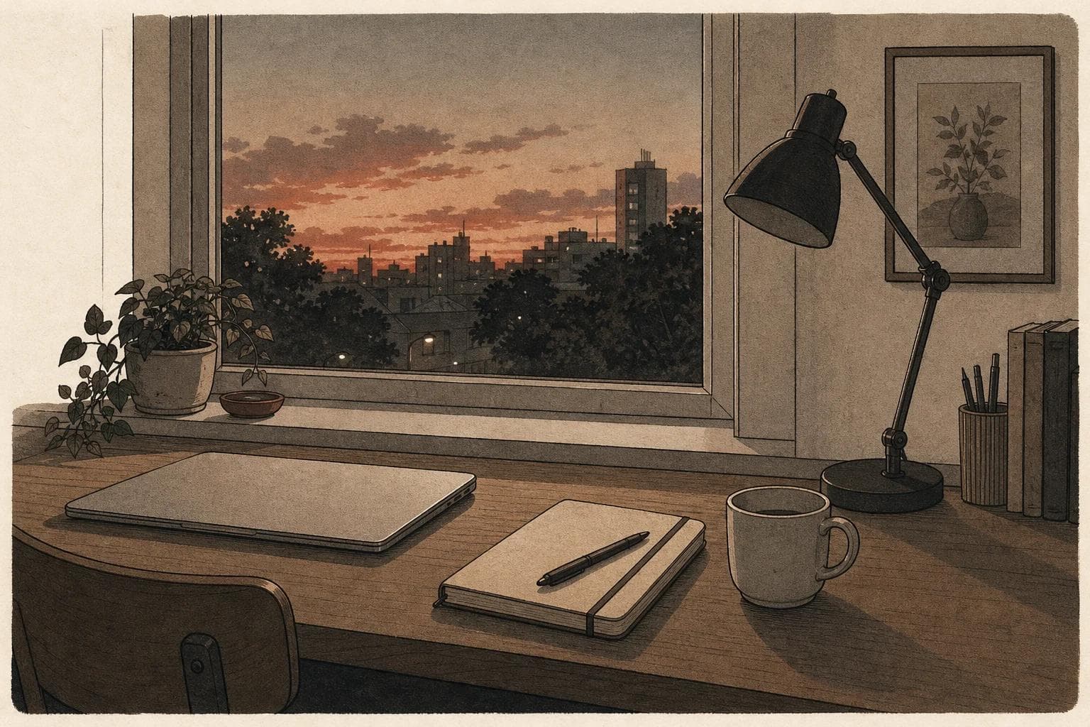 A desk by a window at dusk with a closed laptop, a closed notebook, a coffee cup and a switched-off lamp