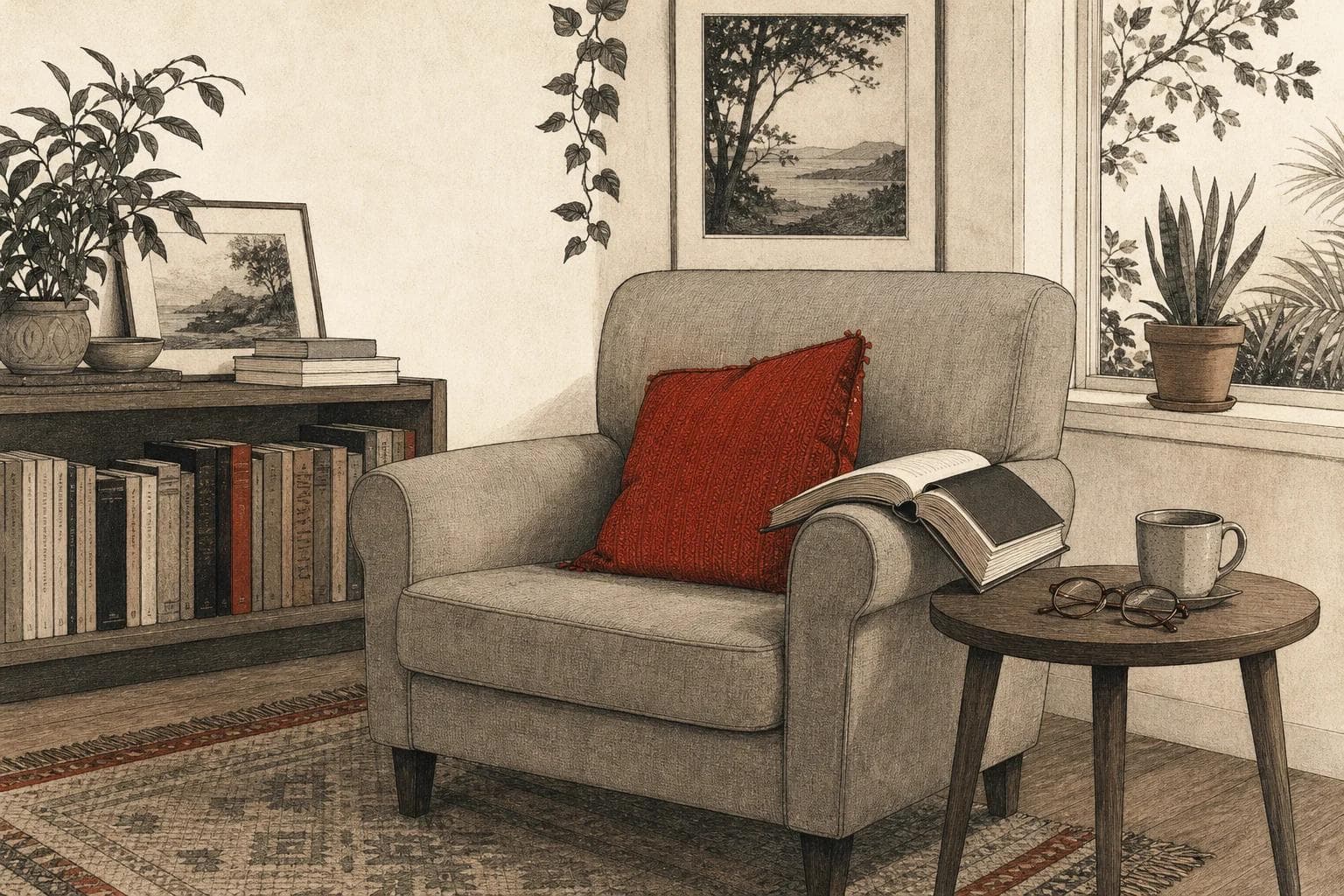 An armchair with an open book on its arm, reading glasses and a cup on a side table