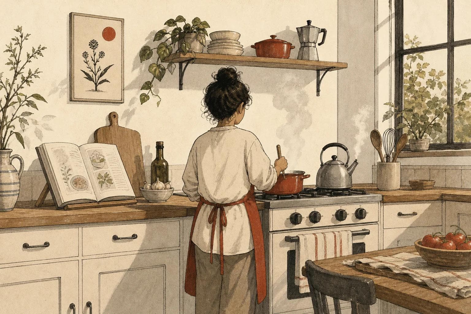 A woman seen from behind stirring a pot in a sunny kitchen, steam rising from the stove