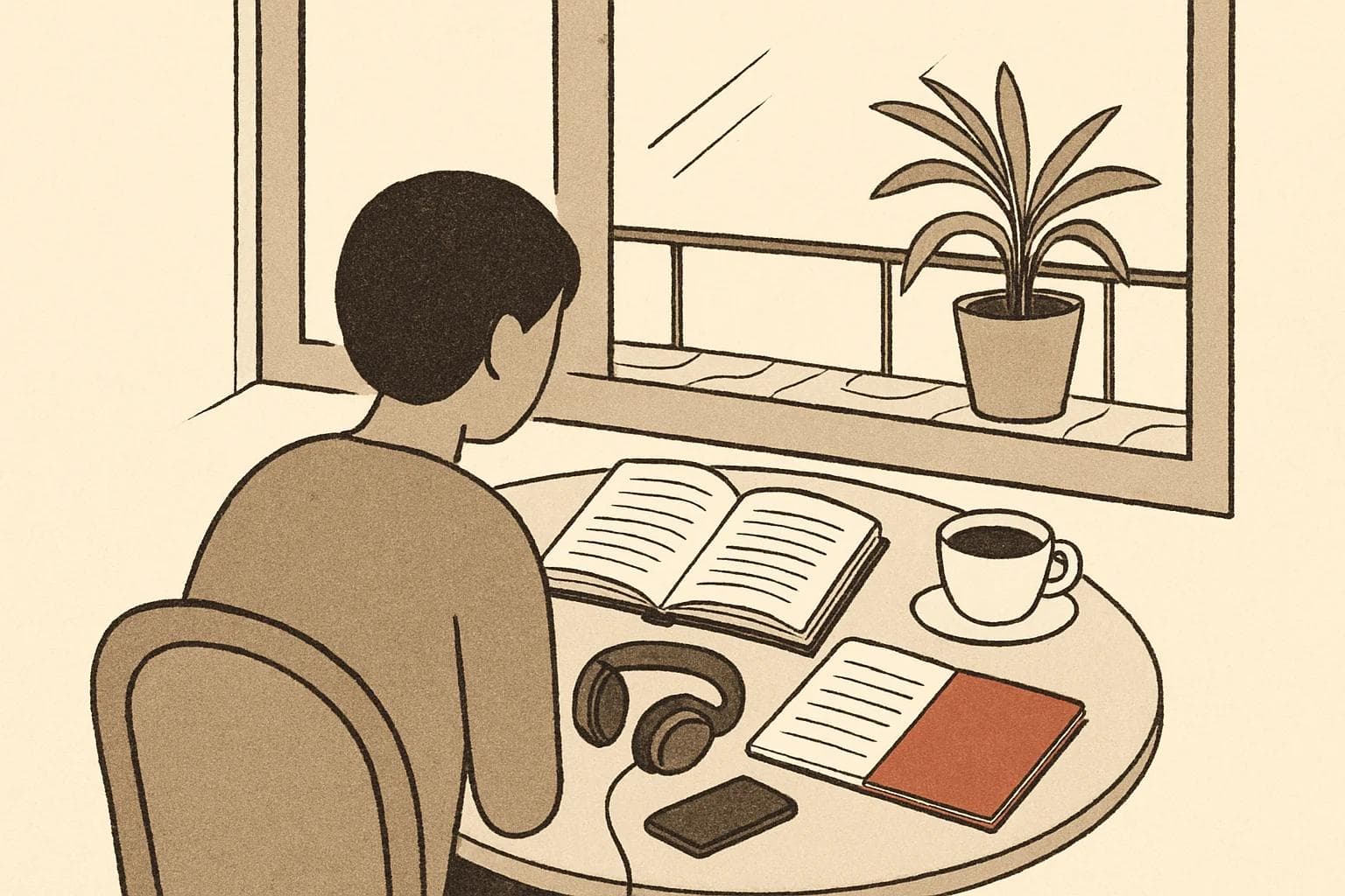 Learner at a café table with an open book, notebook, headphones, coffee, and a face-down phone.