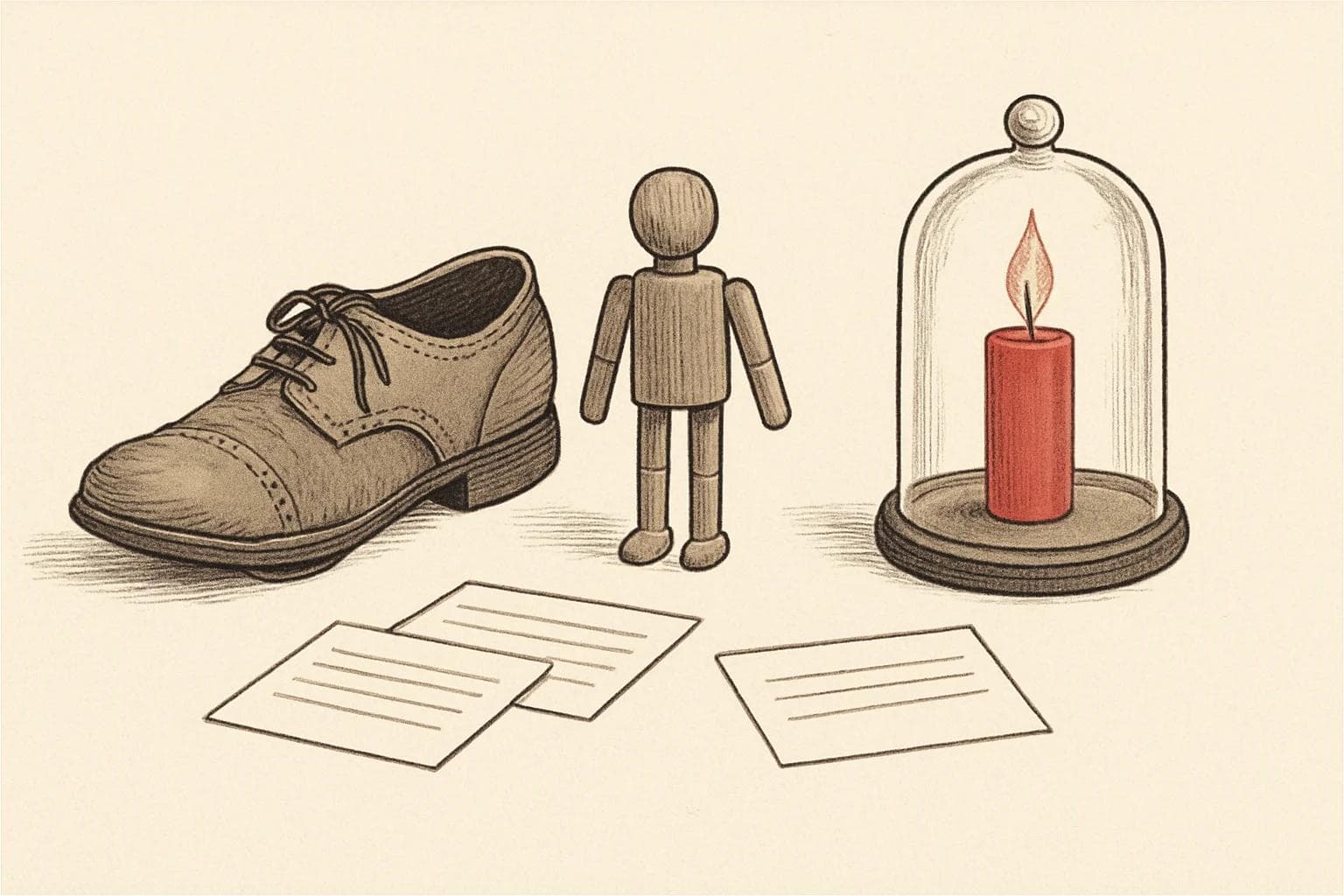 Symbolic objects from Brazilian sayings arranged on blank note cards