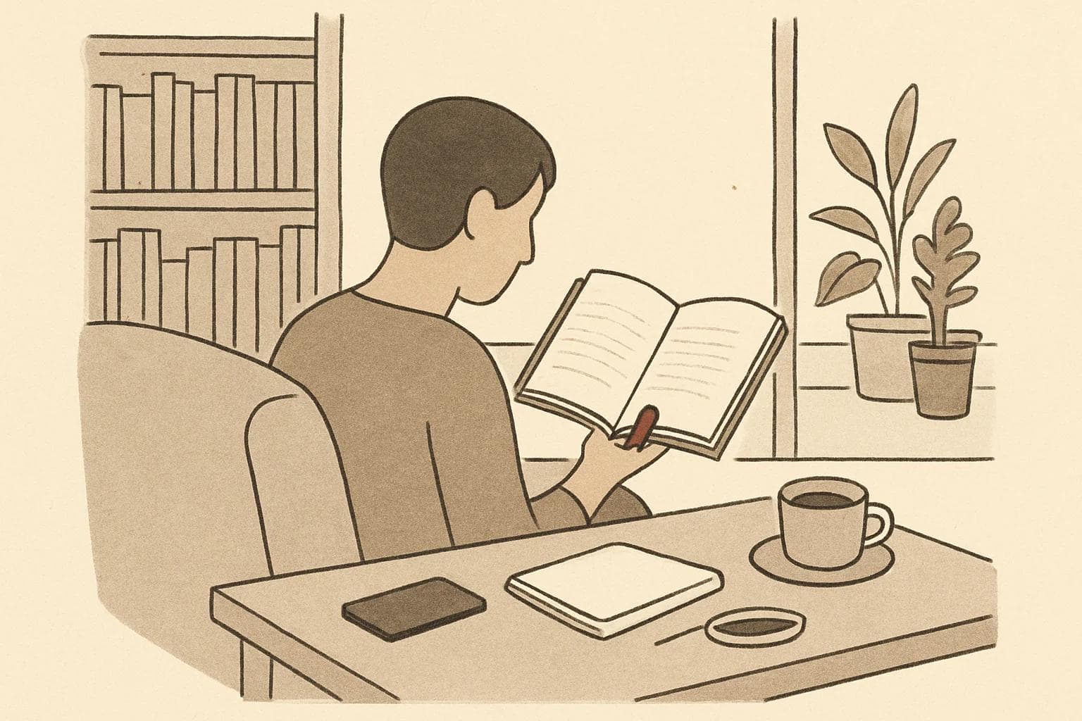 Person reading a book on a sofa with a notebook, coffee, phone, bookshelf, and plants nearby