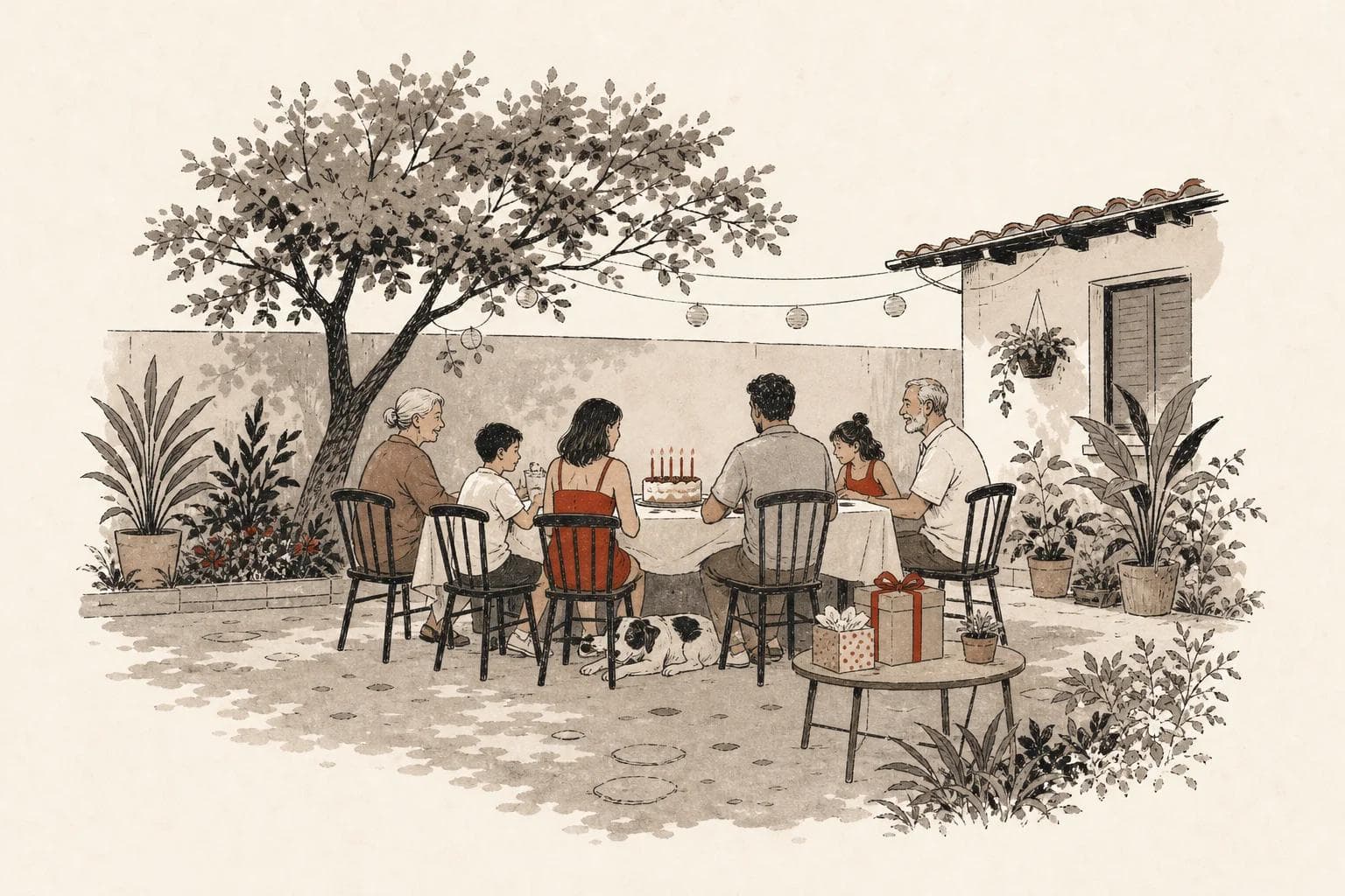 A family around a garden table with a birthday cake, presents and a dog