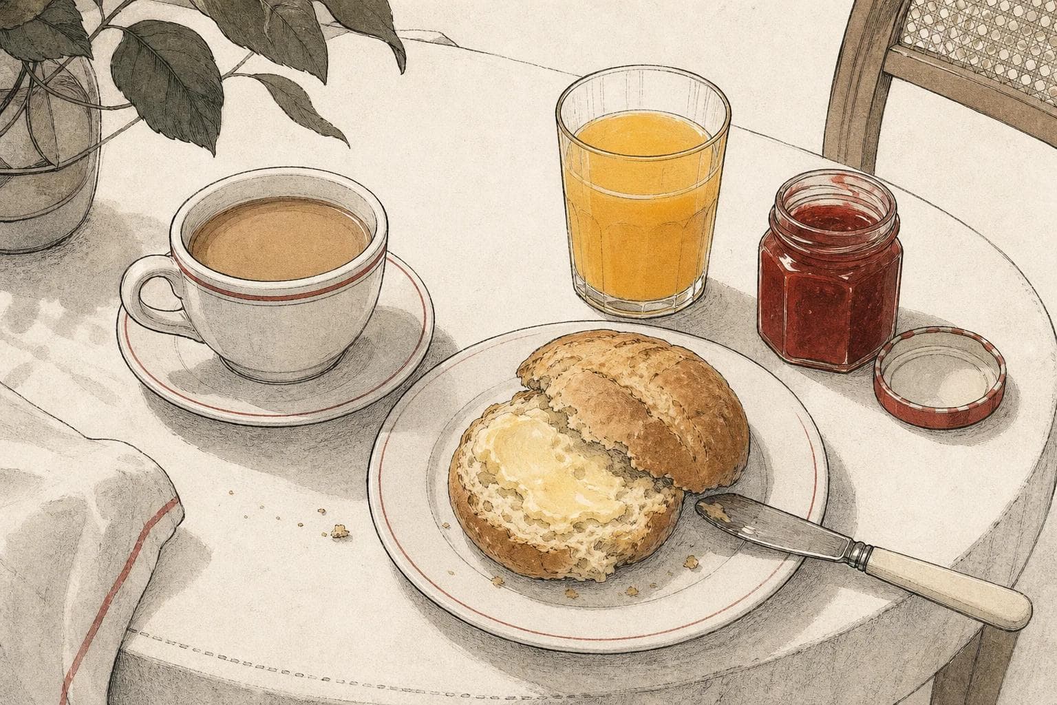 Breakfast on a café table: coffee with milk, a buttered bread roll, orange juice and jam