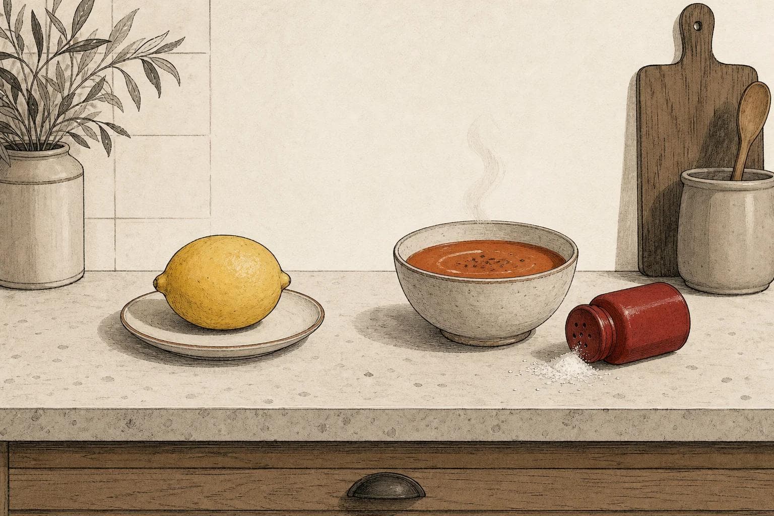 A whole lemon on a plate beside a bowl of soup and a tipped-over red salt shaker
