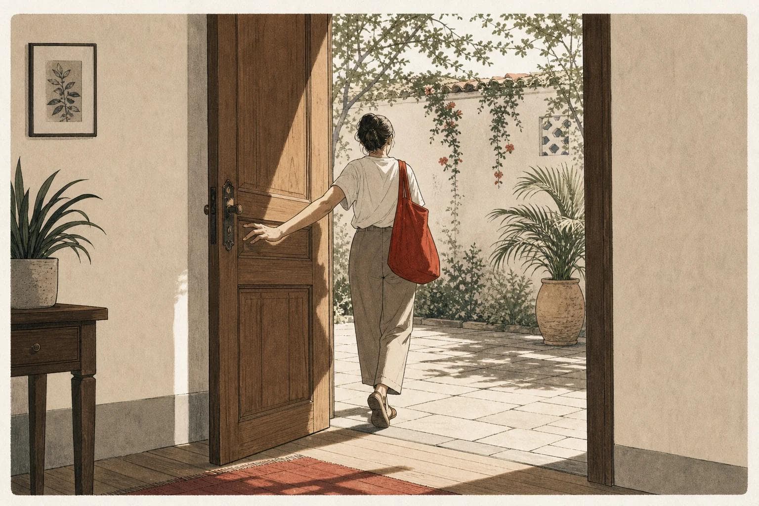 A woman opening a wooden door onto a sunny courtyard with plants