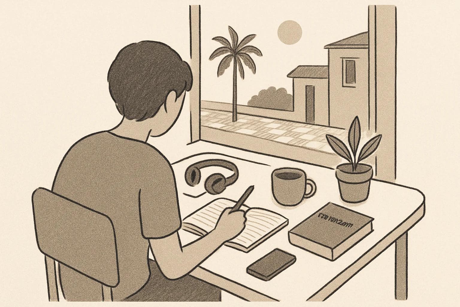 Person studying at a café table with notebook, headphones, coffee, and a closed phone