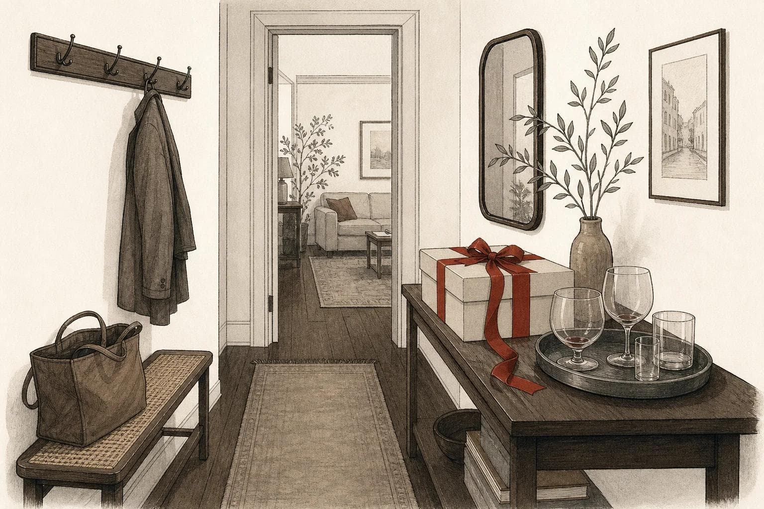 A hallway after guests have left: one coat on the rack, a gift box with red ribbon and empty glasses on a table