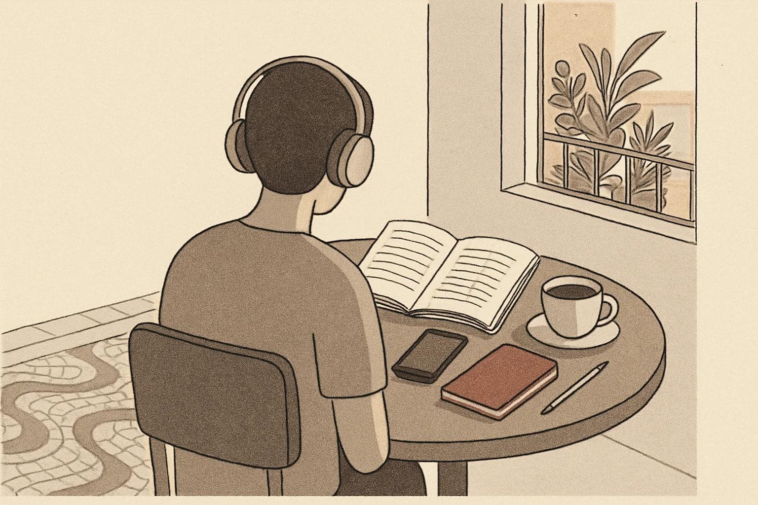 Learner with headphones reads at a café table with a book, notebook, phone, and coffee.