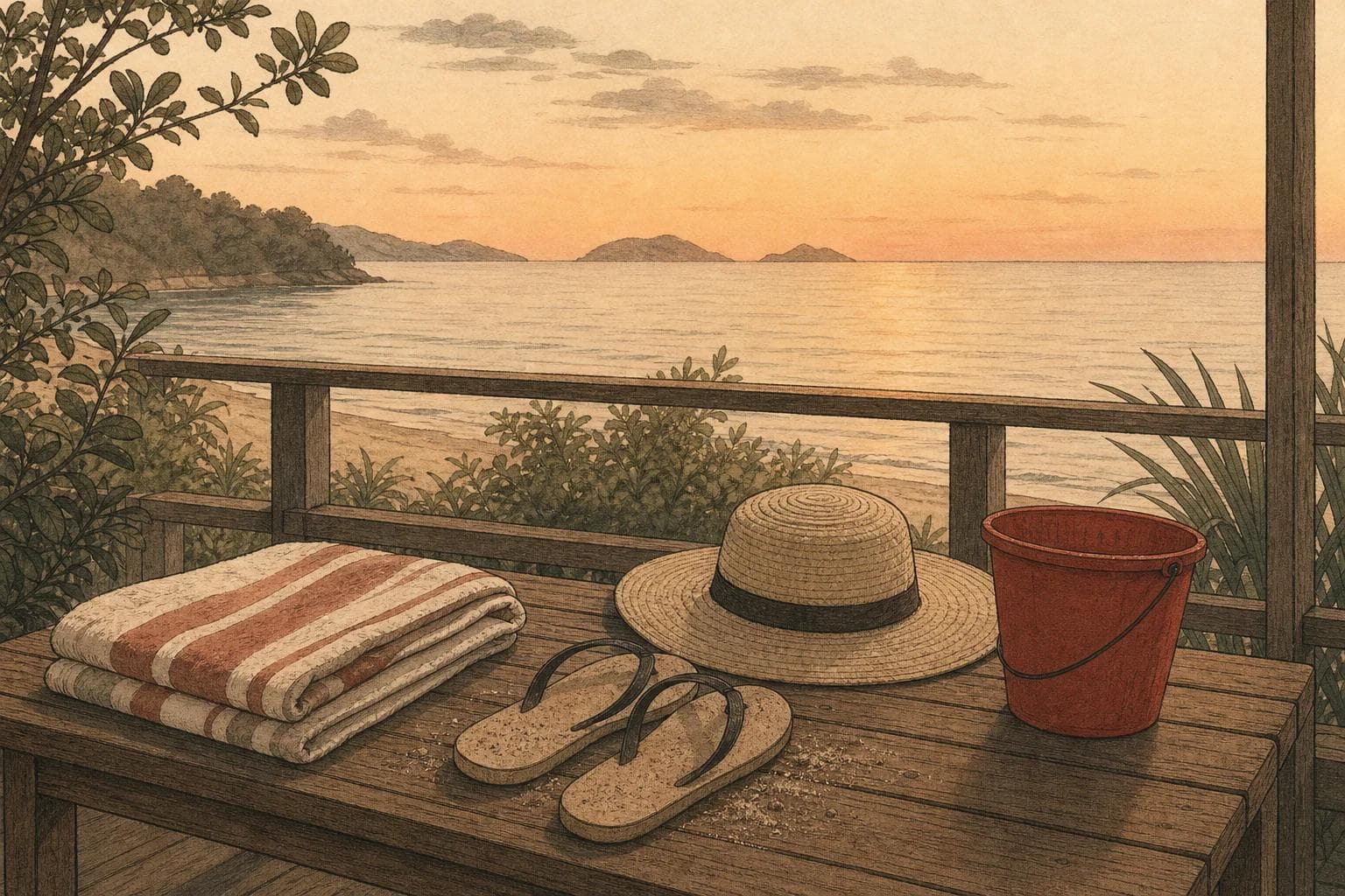 A folded beach towel, sandals, a straw hat and a red bucket on a balcony bench overlooking the sea at dusk