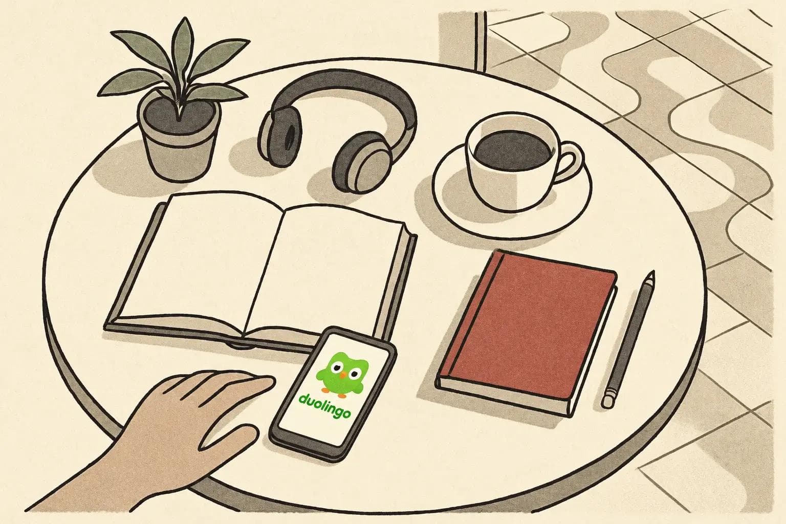 Café table with a phone, open book, notebook, coffee and headphones for studying Brazilian Portuguese